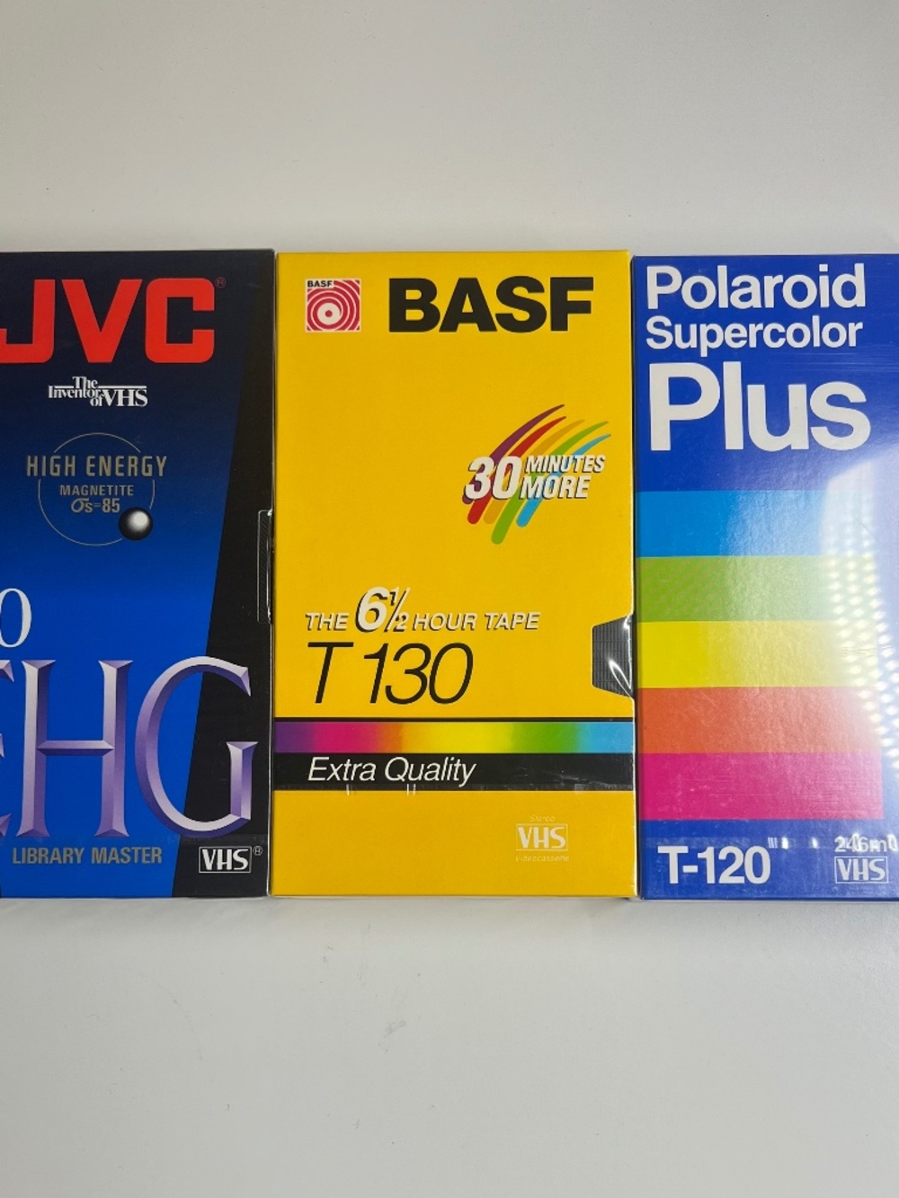 Lot of 3 Sealed Blank VHS Tapes: JVC EHG 120, BASF T130 & Polaroid T120